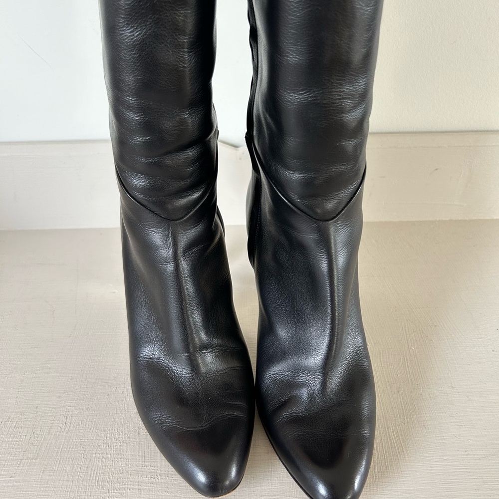 Stunning Jimmy Choo vintage black knee-high boots with 3.5” gold accented heel